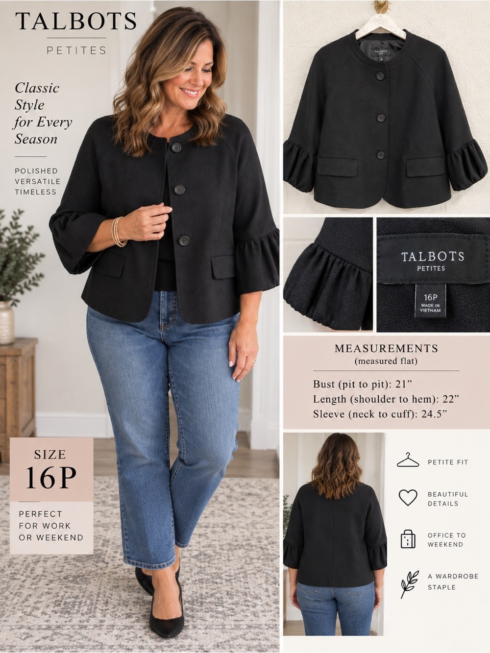 Talbots Petite Black Ruffle-Sleeve Blazer